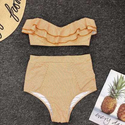 Cikini-Women's Split Swimming Suit, Irregular Striped, Lotus Leaf Edge, High Waist Bikini, Swimming Suit