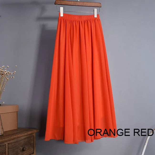Women's Elegant High Waist Chiffon Skirt Elastic Waist Casual Long Maxi Skirts Saias 80/90/100cm 22 Color 2024 Summer Autumn New