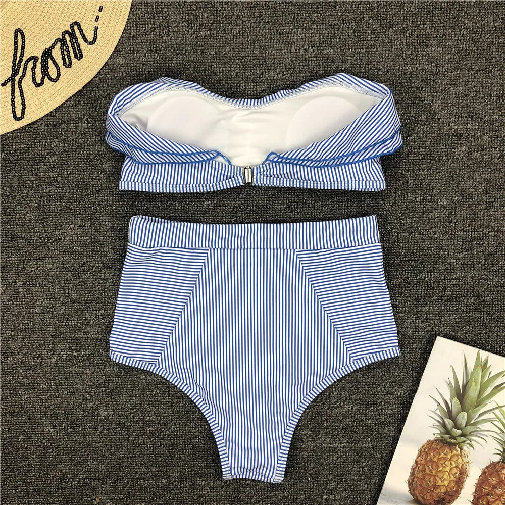 Cikini-Women's Split Swimming Suit, Irregular Striped, Lotus Leaf Edge, High Waist Bikini, Swimming Suit