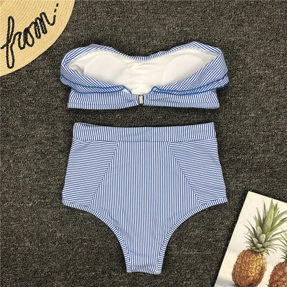 Cikini-Women's Split Swimming Suit, Irregular Striped, Lotus Leaf Edge, High Waist Bikini, Swimming Suit