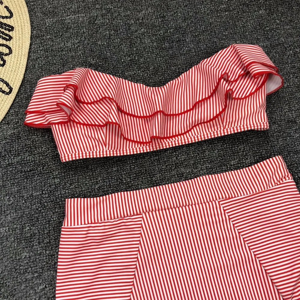 Cikini-Women's Split Swimming Suit, Irregular Striped, Lotus Leaf Edge, High Waist Bikini, Swimming Suit