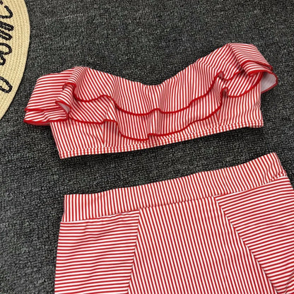 Cikini-Women's Split Swimming Suit, Irregular Striped, Lotus Leaf Edge, High Waist Bikini, Swimming Suit