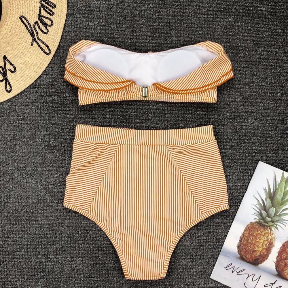 Cikini-Women's Split Swimming Suit, Irregular Striped, Lotus Leaf Edge, High Waist Bikini, Swimming Suit