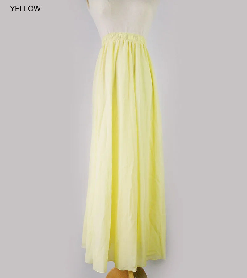 Women's Elegant High Waist Chiffon Skirt Elastic Waist Casual Long Maxi Skirts Saias 80/90/100cm 22 Color 2024 Summer Autumn New