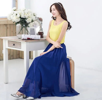 Women's Elegant High Waist Chiffon Skirt Elastic Waist Casual Long Maxi Skirts Saias 80/90/100cm 22 Color 2024 Summer Autumn New
