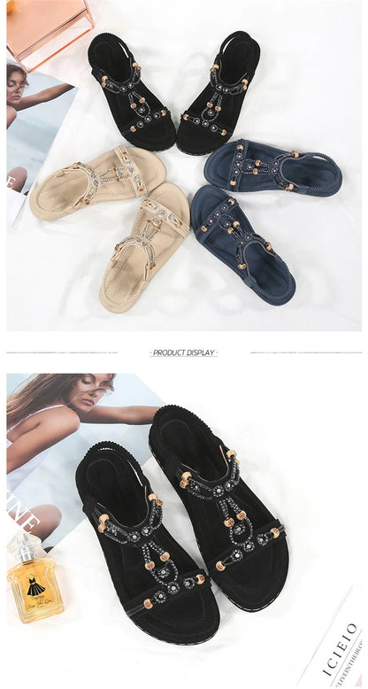 MVVJKE Women Sandals  New Flat Sandals Women Summer Bohemia Style Rhinestone Comfortable Beach Shoes Women Plus