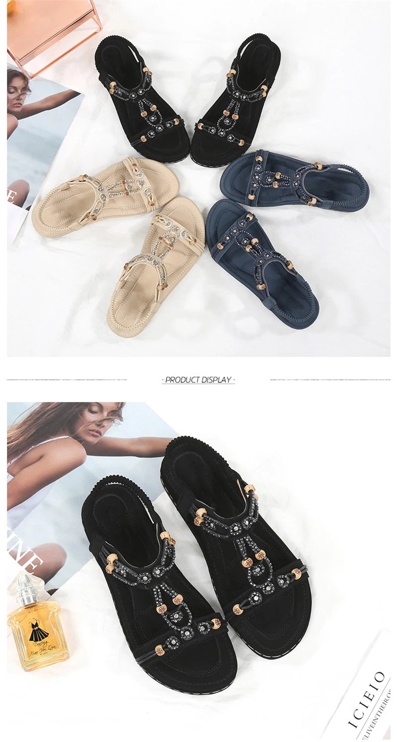 MVVJKE Women Sandals  New Flat Sandals Women Summer Bohemia Style Rhinestone Comfortable Beach Shoes Women Plus