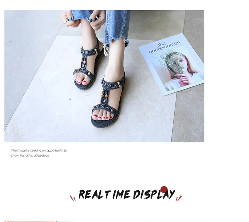 MVVJKE Women Sandals  New Flat Sandals Women Summer Bohemia Style Rhinestone Comfortable Beach Shoes Women Plus