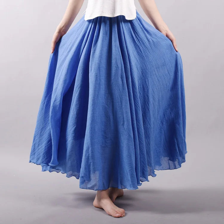Women's Elegant High Waist Linen Maxi Skirt 2024 Summer Ladies Casual Elastic Waist 2 Layers Skirts saia feminina