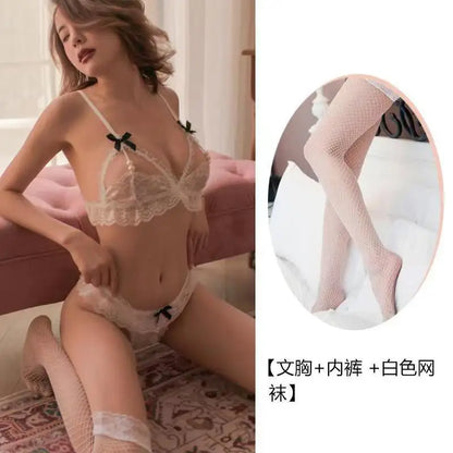 Sexy Pearl Three-piece Lace Open-crotch Bow Bra, Sweet and Girly Lingerie