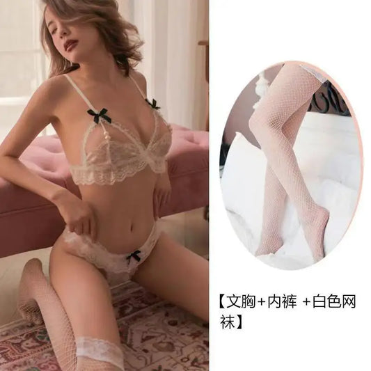 Sexy Pearl Three-piece Lace Open-crotch Bow Bra, Sweet and Girly Lingerie