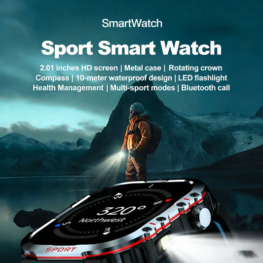 2026 H08 2.01-Inch Smart Watch Flashlight 3 ATM Heart Rate Blood Oxygen Monitor Sleep Tracker Unisex Outdoor Sports IP67 AMOLED