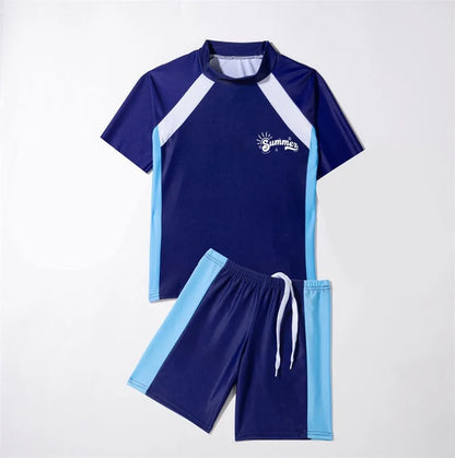 Conservative Short-Sleeved Swimsuit for Boys Split Design with Large Sizes for Summer Surfing and Water Sports