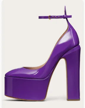 Fashion Thick Sole Pumps Block High Heel Round Toe Ankle Strap Women Dress Shoes Platform Patent Big Size 43