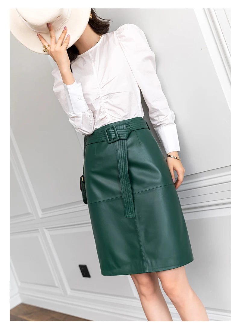 Women Lace-up Genuine Leather Skirt Female Winter Pure Sheep Skin Knee Length Saias With Belt Feminina Neat Stitches Wrap Jupe