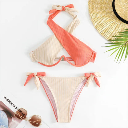 Sexy Drawstring Bandage Bikini Set 2025 Swimwear Women Two Pieces Swimsuit Cross Halter Push up Bikinis Beach Wear Bathing Suit