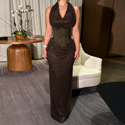 Vintage Sequin Women's Halter V-Neck Dress Slim Waist Elegant Fashion Tank Dress with Mesh Splice Long Gown Evening Party Outfit