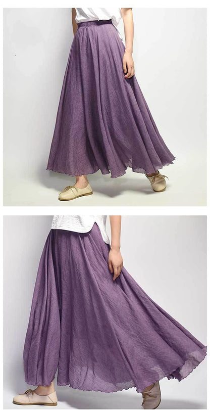 Women's Elegant High Waist Linen Maxi Skirt 2024 Summer Ladies Casual Elastic Waist 2 Layers Skirts saia feminina