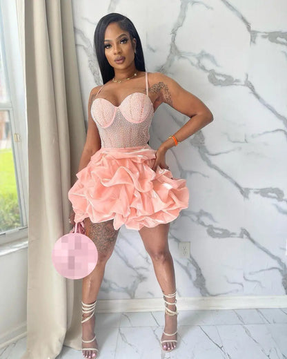 Summer Women Party Clothing Sleeveless Halter Beading Pleated Mini Dress Women Elegant Casual Dresses