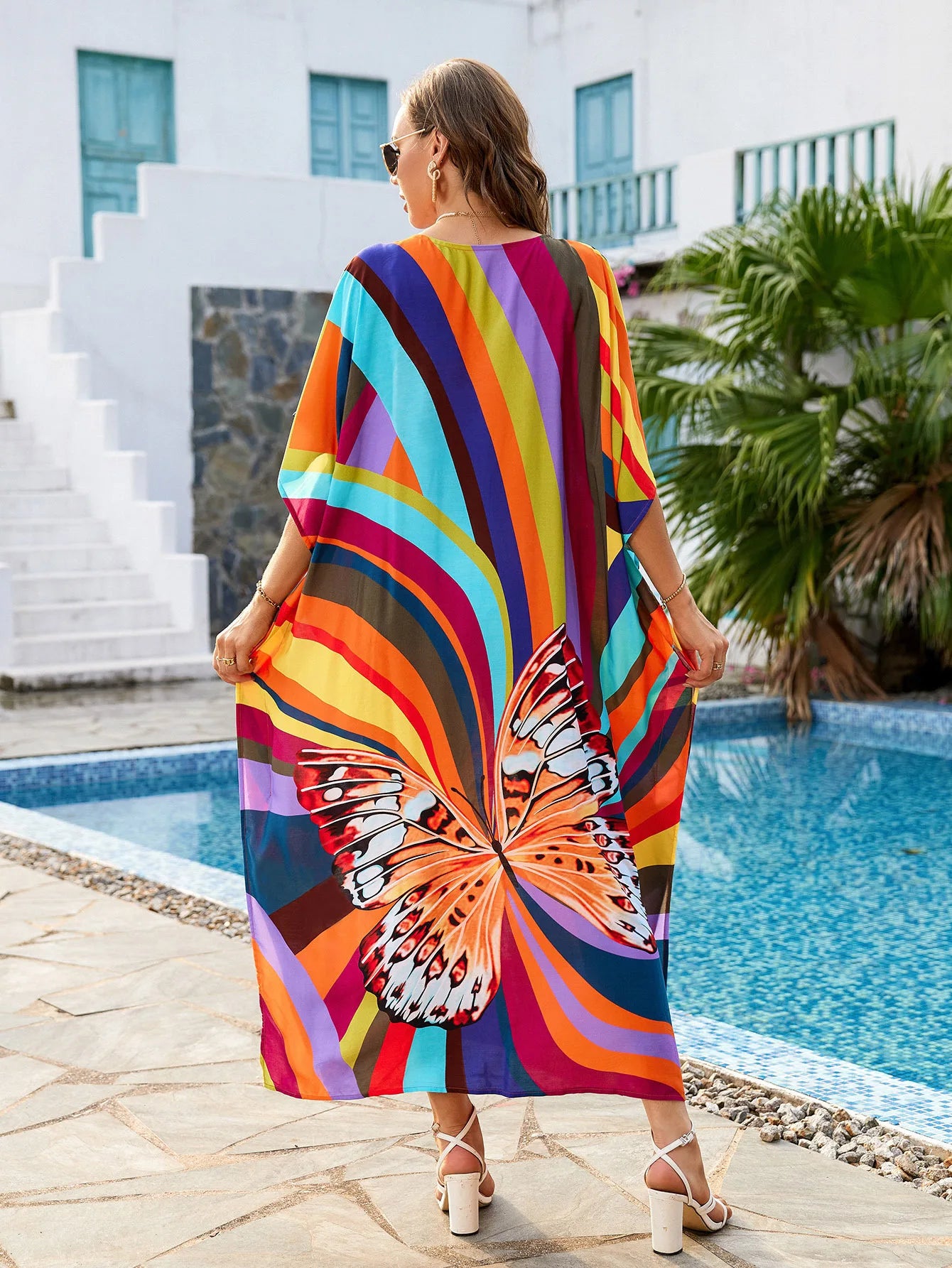 Xuanlang New 2colors Casual Colourful Stripe Beach Wear Viscose Beach Cover up and Swimwear Coverups for Women
