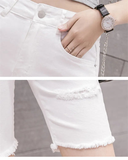 Black White Straight Stretch Denim Shorts Women Midi Jeans Summer Shorts Women Streetwear Hole Ripped High Waist Shorts C7336