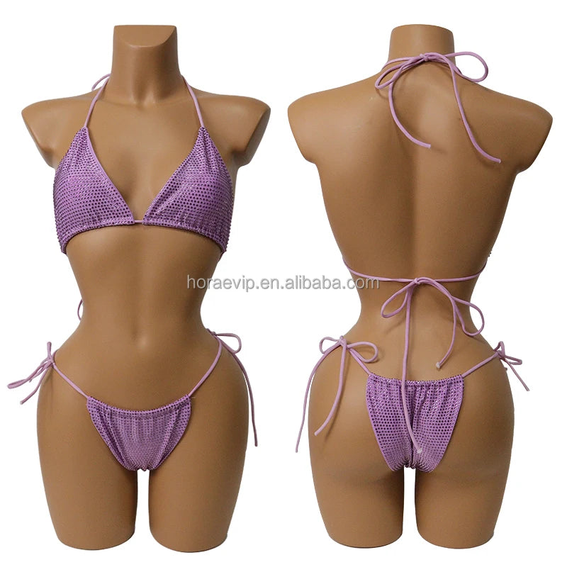 S573 Factory Supply Full Rhinestone Swimwear Swimsuit Two Pieces Sexy Bikini Neon Green Crystal Swimming Bathing Suit for Girl
