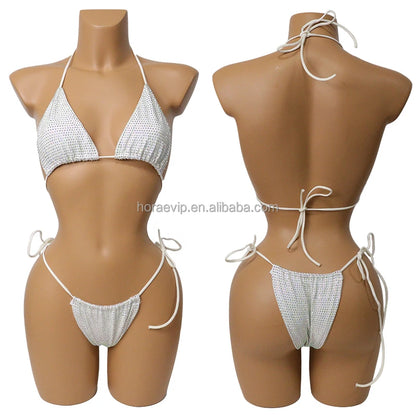 S573 Factory Supply Full Rhinestone Swimwear Swimsuit Two Pieces Sexy Bikini Neon Green Crystal Swimming Bathing Suit for Girl