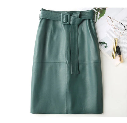 Women Lace-up Genuine Leather Skirt Female Winter Pure Sheep Skin Knee Length Saias With Belt Feminina Neat Stitches Wrap Jupe