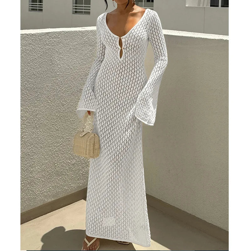2025 Summer Swimsuit Women's Crochet Lightweight Sun Protective Tunic Swim Anti-See Through Hollow Beach Cover up Dress
