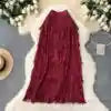 Spring Pleated Tassel Skirt Women Elegant High Waist Office Lady Skirts