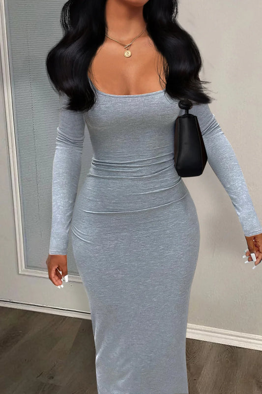 Women Long Dresses With Long Sleeve Ribbed Square Neck Dress Spring Party Club Xs Maxi Bodycon Dress