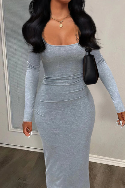 Women Long Dresses With Long Sleeve Ribbed Square Neck Dress Spring Party Club Xs Maxi Bodycon Dress
