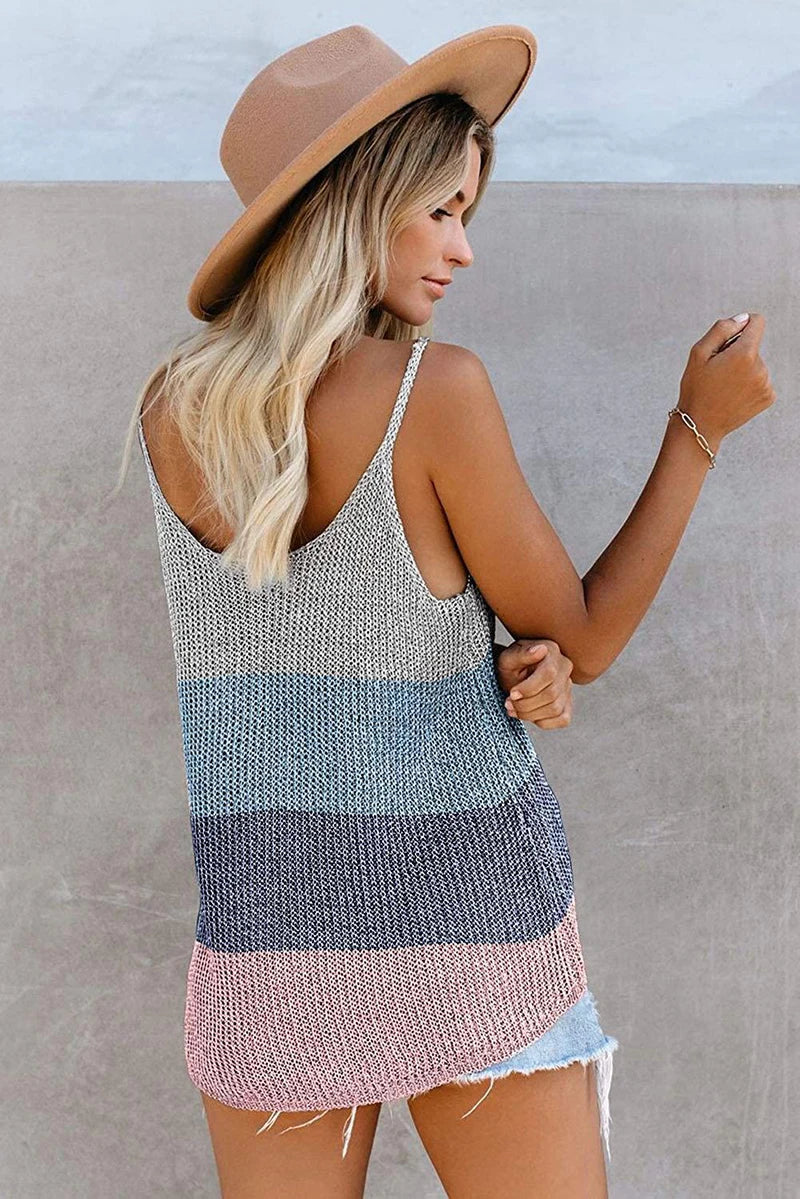 Color Block V Neck Womens Shirts and Tank Tops Knitted Vest Tops Sleeveless Women Blouse Custom Logo 2022 Spring Sexy Lady Top