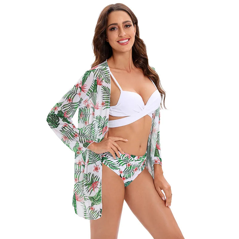 JSN5001 Manufacturer High Waist Floral Vneck Backless Summer Coverups Three Piece Swimwear Set Custom Women Bikini