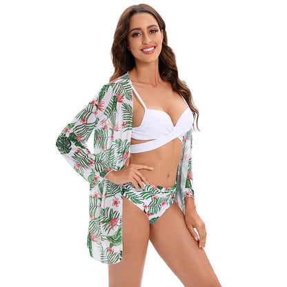 JSN5001 Manufacturer High Waist Floral Vneck Backless Summer Coverups Three Piece Swimwear Set Custom Women Bikini