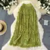 Spring Pleated Tassel Skirt Women Elegant High Waist Office Lady Skirts