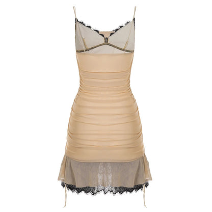 Sexy Y2K Two-Piece Look Lace Cami Knitting Dress Women's A-Line Sling Slip Mini Dress Digital Printing Breathable Washable