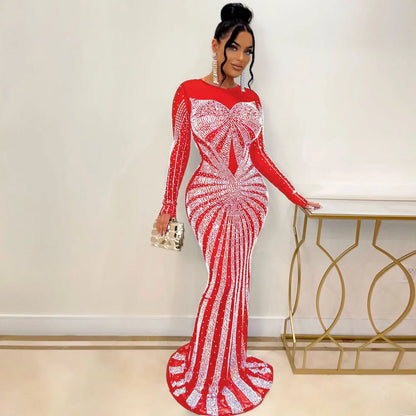 Summer Trending Elegant Club Evening Gown for Women Ladies Rhinestone Waistline Dress Diamond Club Dresses Plus Size