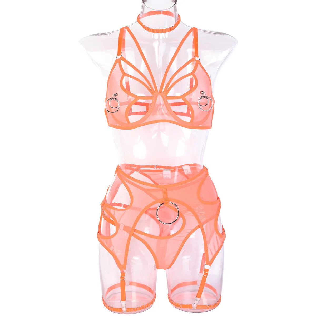 High Quality Sexy Tulle Sheer High Waist Bra and Panty Sets Hollow Out Lace Breathable Mental Ring Steel Erotic Lingerie Women