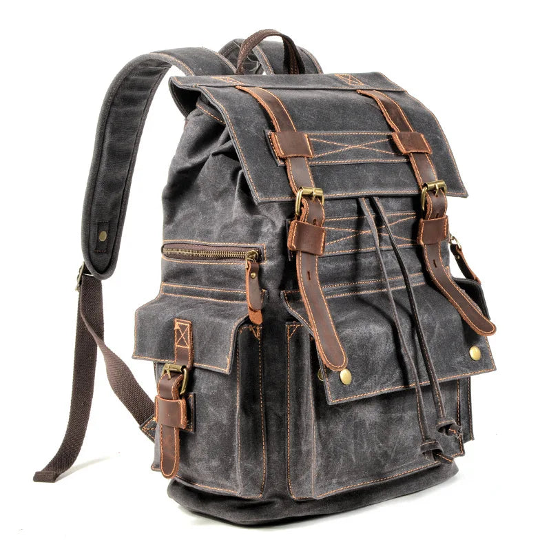 Large Capacity Vintage Rucksack Batik Canvas With Crazy Horse Leather Bag Men's Outdoor Travel Hiking Backpacks