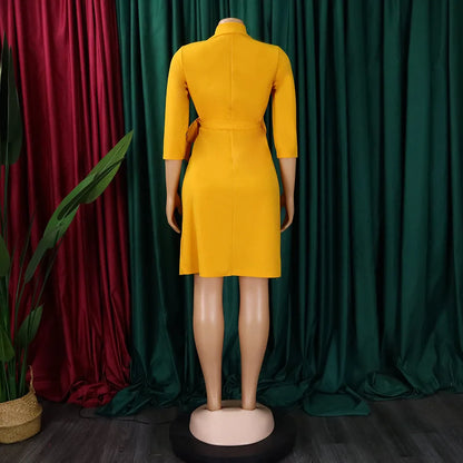 Latest Hot Selling Plus Size Women's Dress Suit Collar Tie Waist Cinching Dress Pleated Office Dresses