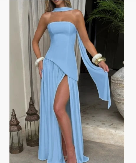 Spring and Summer 2025 Sexy Backless Tube Top Slim Fit Dress New Hot Sale Split Strap Long Dress