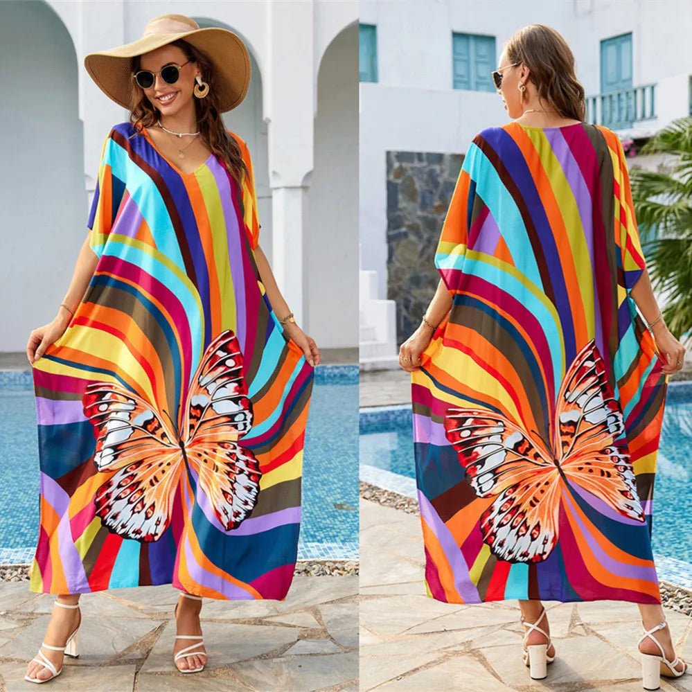 Xuanlang New 2colors Casual Colourful Stripe Beach Wear Viscose Beach Cover up and Swimwear Coverups for Women