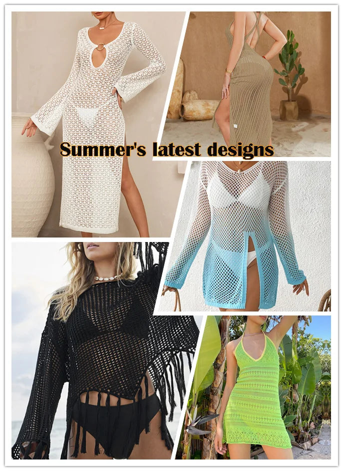 2025 Summer Swimsuit Women's Crochet Lightweight Sun Protective Tunic Swim Anti-See Through Hollow Beach Cover up Dress