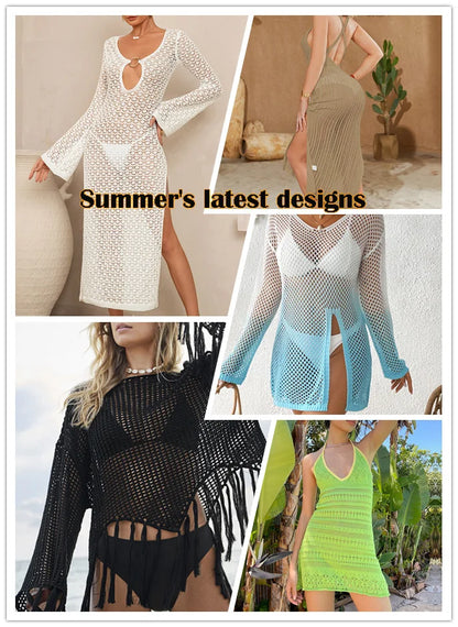 2025 Summer Swimsuit Women's Crochet Lightweight Sun Protective Tunic Swim Anti-See Through Hollow Beach Cover up Dress