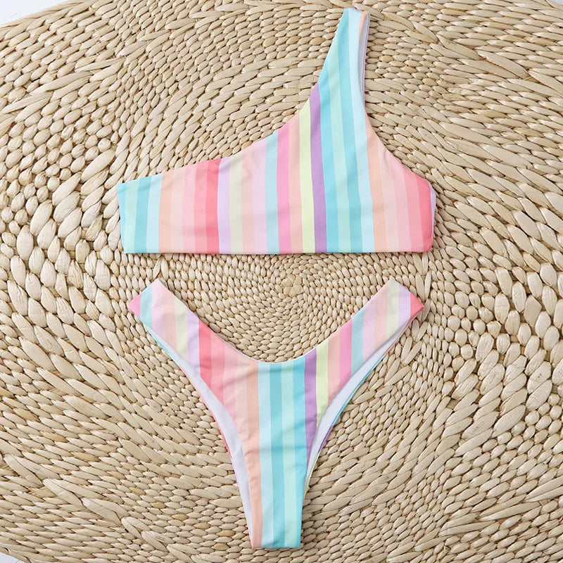 New Style Two Piece Women Beach Wear High Waist Thong Bikini Set Rainbow Swimwear Beachwear