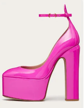 Fashion Thick Sole Pumps Block High Heel Round Toe Ankle Strap Women Dress Shoes Platform Patent Big Size 43