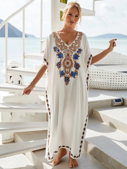 Beautiful Floral Print White Rayon Kaftan Dress V-Neck 3-Piece Set for Holiday Beach Wear