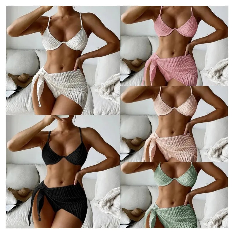 2026 3pcs Bikini Set Glistening Swimsuit Bikini With Cover up Dress Girls Swim Bathing Suit Beach Wear