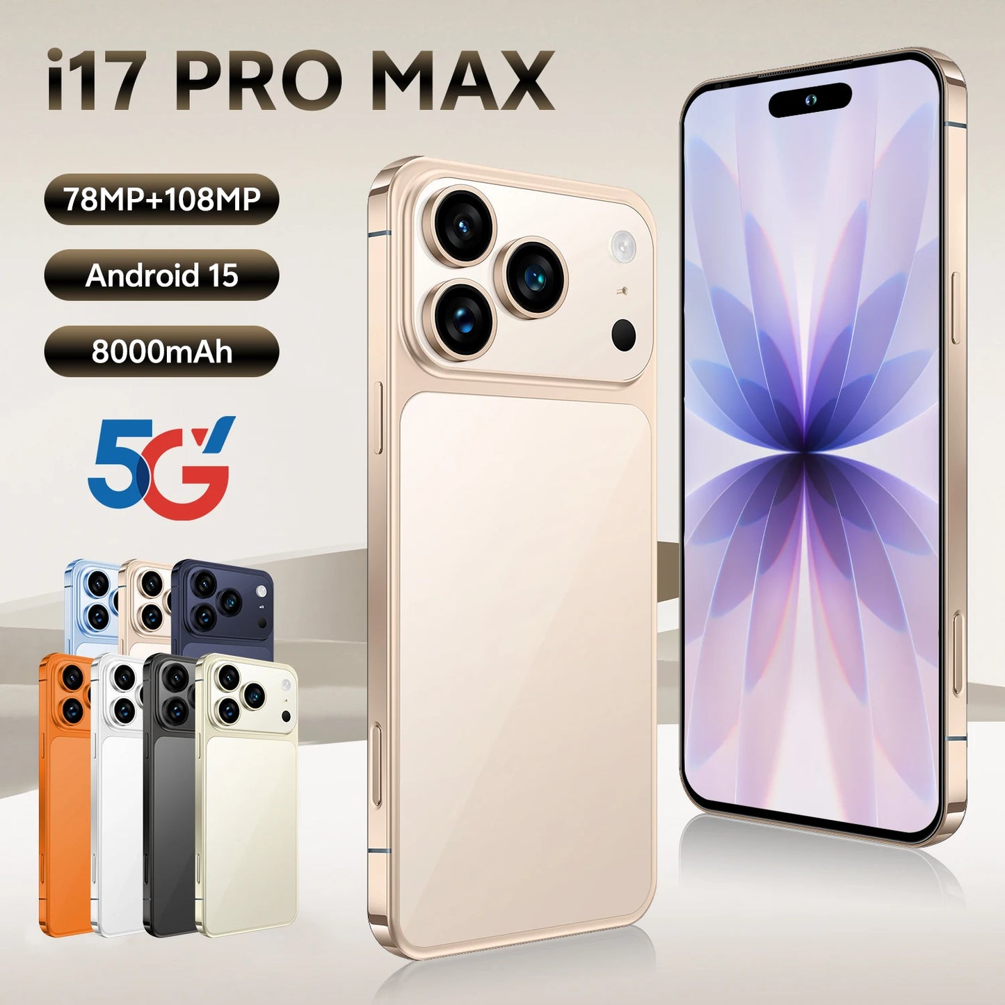 Global Version Unlocked 17 Pro Max 7.3Inch 5G Android 15 Smartphone 1TB Storage HD Screen Resolution CDMA LTE English Spanish